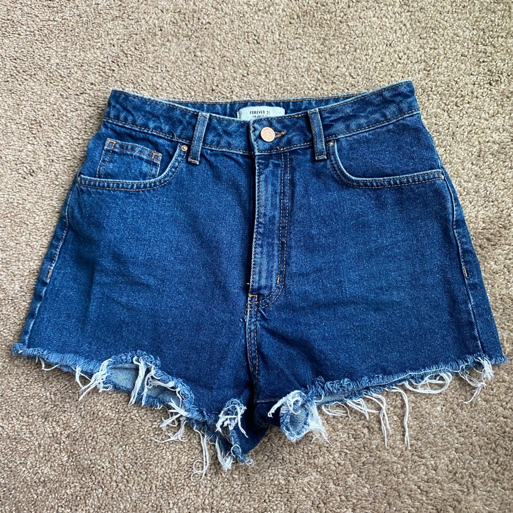 medium blue high waisted jean shorts